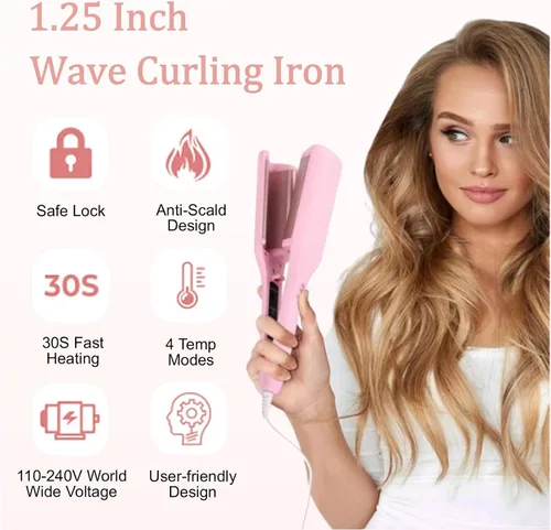 Miniatura 2 de Rizador Waver, 4 herramientas de pelo de temperatura ajustable con 2 barriles de cerámica, anti-quemaduras, calentamiento rápido 15S, plancha de Rosa