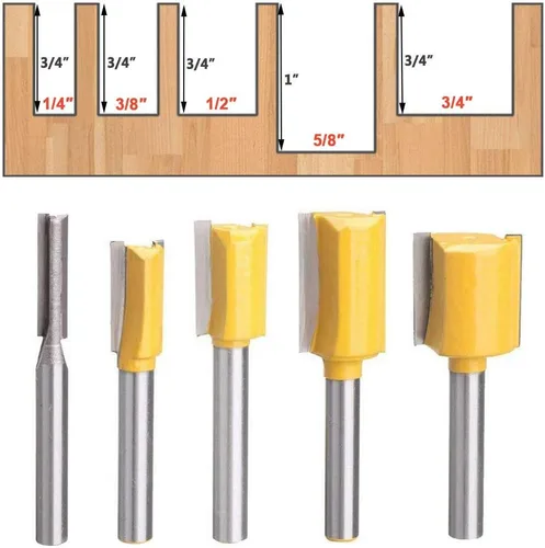 Miniatura 3 de Juego de 5 brocas rectas para enrutador Dado, doble flauta recta de carburo, herramientas para carpintería, diámetro de corte de 1/4, 3/8, 1/2, 5/8