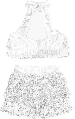 Miniatura 5 de JEATHA Top corto con borlas y lentejuelas brillantes para niñas, con minifalda, jazz latino, salsa, samba, rumba, baile