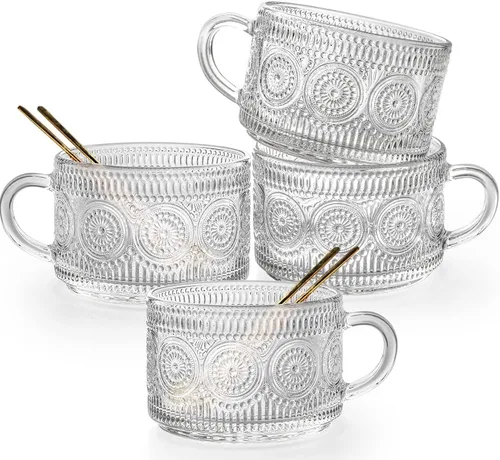 Miniatura 10 de Juego de 4 tazas de café de vidrio vintage, tazas de café de vidrio en relieve de 14 onzas para cereales, yogur, latte, tazas de desayuno