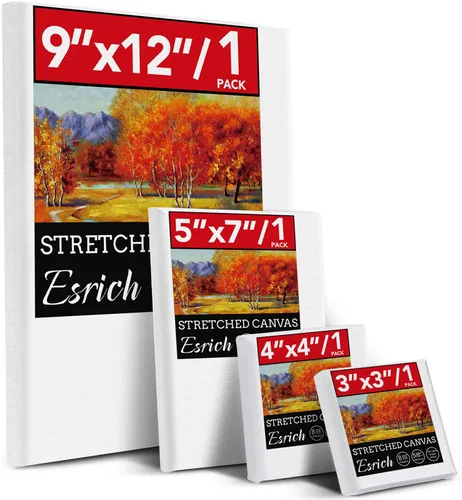 ESRICH Paquete de 4 bastidores entelados para pintar con lienzos en blanco de 9x12, 5x7, 4x4, 3x3, lienzos de algodón sin ácidos y preparados para