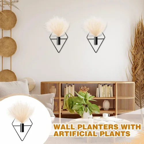 Miniatura 4 de Jexine 2 piezas de decoración de pared bohemia, arte de pared dorado, macetas colgantes con pampas artificiales montadas en metal, decoración