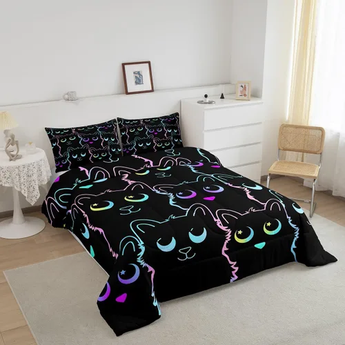 Miniatura 4 de Feelyou Juego de ropa de cama de gato negro para niños, adolescentes, tamaño individual, línea degradada, lindo juego de edredón de gato para niños