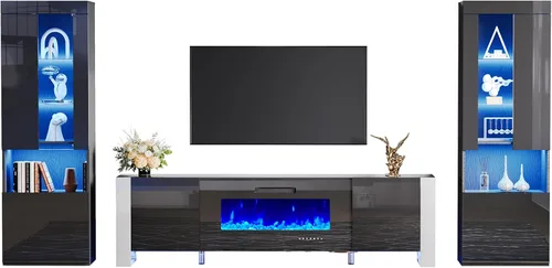 Miniatura 7 de AMERLIFE Moderno soporte de TV con chimenea de 70 pulgadas con chimenea eléctrica de 36 pulgadas y 2 estanterías LED de almacenamiento grandes, Todo