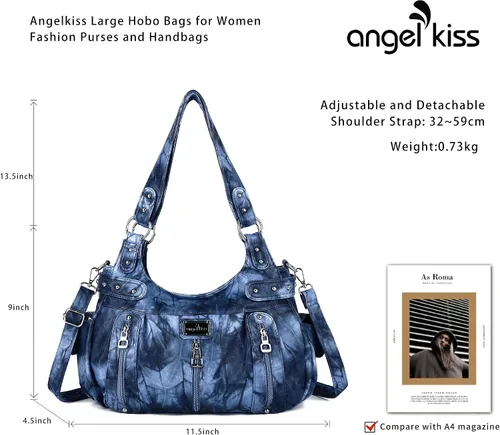 Miniatura 7 de Angelkiss Bolsos grandes y carteras para mujer de cuero sintético lavado tipo hobo, bandolera, bolso cruzado, bolso de hombro, bolso de mano
