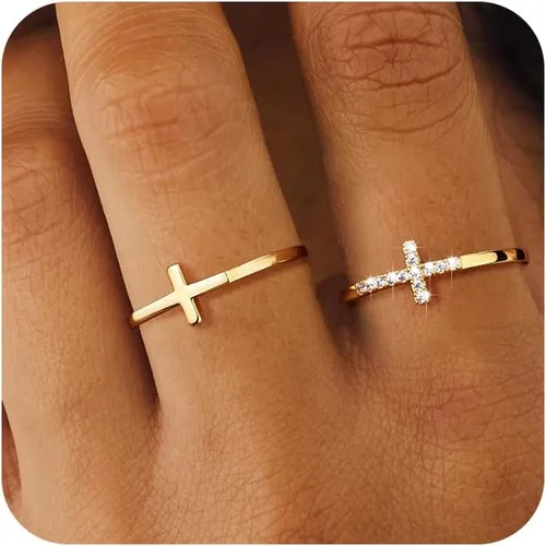 Foxgirl Anillos de cruz de oro para mujeres y niñas, juego de anillos apilables chapados en oro de 14 quilates, anillos de dedo de cruz fina para