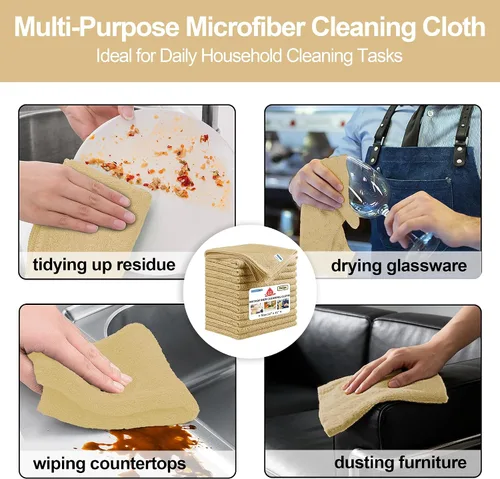Miniatura 8 de Paño de limpieza de microfibra, paquete de 12 trapos de limpieza Biege, paños de limpieza de 12 x 11 pulgadas, paños de lavado sin pelusas, toallas