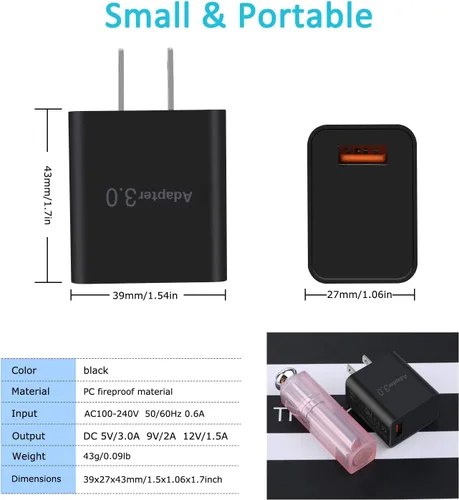 Miniatura 4 de Cargador de pared USB 3.0 de carga rápida [paquete de 4] Bloque de carga rápida de 5 V 3 A, adaptador de corriente QC de 18 W para soporte de Negro