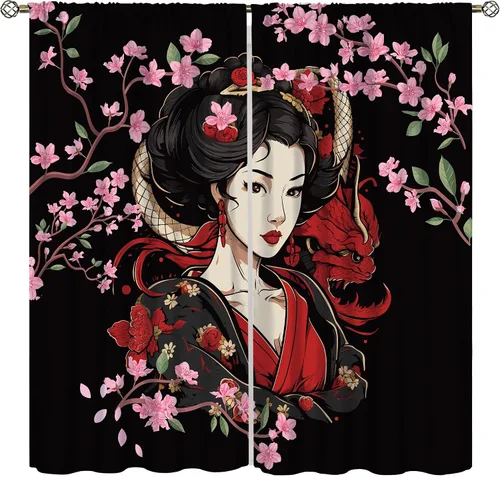 Cortinas de geisha japonesas, flores rosas, ramas de árbol, sexy, glamour, para mujer, encantador, estética, oriental, con bolsillo para barra,
