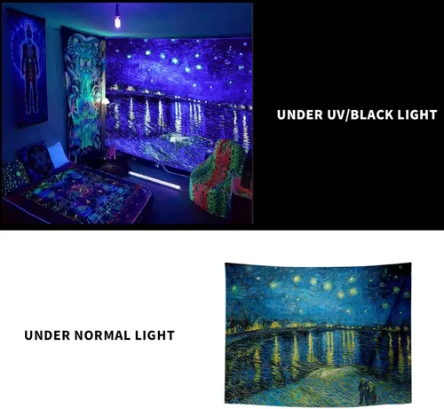 Miniatura 5 de PSYHILAR Pósteres de luz negra para adolescentes, Vincent Van Gogh, tapices estéticos de luz negra, telón de fondo de noche estrellada sobre