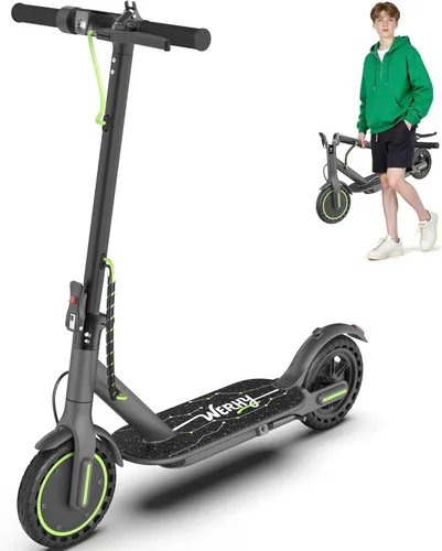 WERHY Scooter eléctrico plegable para niños, motor de 350 W, alcance máximo de 12/16 millas, velocidad máxima de 19 MPH, neumático sólido de 8.5