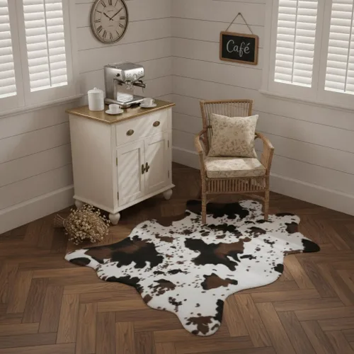 Miniatura 9 de Alfombra de área con estampado de vaca, alfombra de piel de vaca sintética, moderna casa de campo occidental para sala de estar o dormitorio