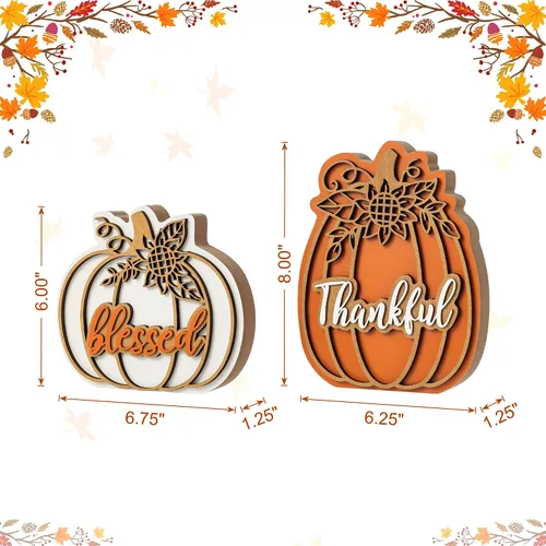 Miniatura 3 de Glitzhome Juego de 2 decoraciones de calabaza de madera de Acción de Gracias (6 pulgadas y 8 pulgadas de alto) – Decoración de mesa de granja