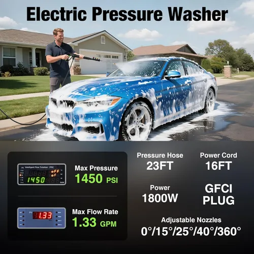 Miniatura 2 de Lavadora a presión, lavadora eléctrica con enchufe de seguridad GFCI y boquilla sin doblez de 360°, lavadora a presión de 1.33 GPM completa