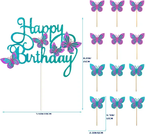 Miniatura 4 de 13 adornos de mariposa para tartas, adornos 3D para cupcakes para niñas y cumpleaños de mujeres (azul y morado)