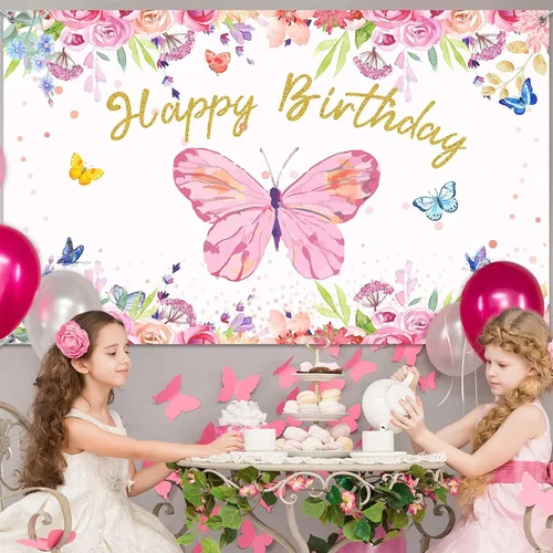 Miniatura 6 de Tatuo Telón de fondo de mariposa de feliz cumpleaños de 6 x 4 pies, decoración de fiesta de cumpleaños de mariposa rosa para niñas y mujeres