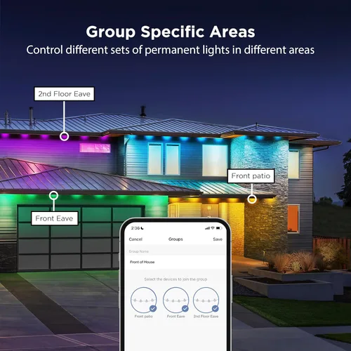 Miniatura 5 de Feit Electric - Luces exteriores permanentes inteligentes RGBIC con luz de cadena de blanco ajustable, luces LED de Navidad de 50 pies, WiFi