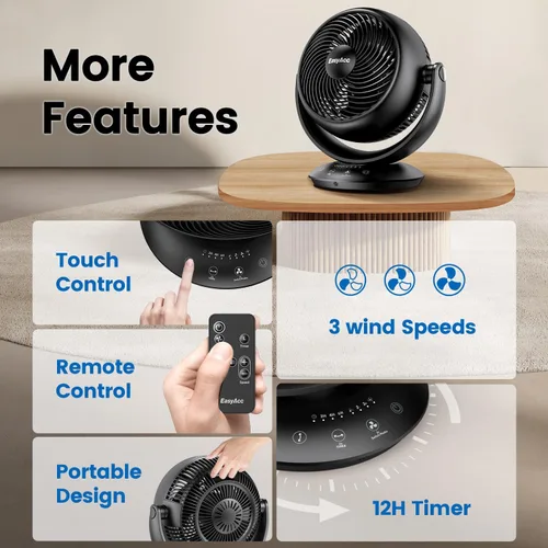 Miniatura 5 de EasyAcc Ventiladores silenciosos de 12 pulgadas para dormitorio, ventilador de escritorio circulador de aire con control remoto, ventilador de mesa