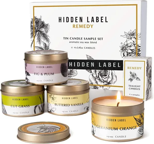 Hidden Label Juego de velas de otoño, paquete de 4 velas perfumadas para el hogar, juego de velas de aromaterapia para mujeres, alivio del estrés,