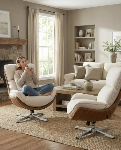 Miniatura 5 de LukeAlon Silla giratoria de sherpa, silla decorativa tapizada con respaldo alto con base de metal, cómoda silla reclinable moderna para sala
