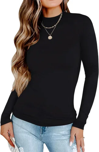 Miniatura 2 de PINKMSTYLE Camiseta de manga larga con cuello alto falso y doble forro para mujer, ropa interior térmica ajustada para otoño