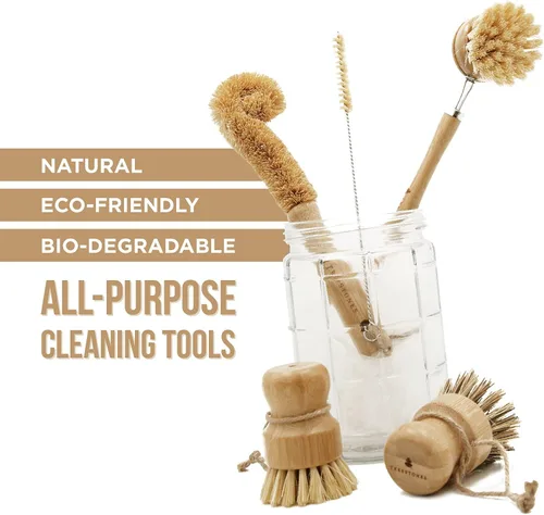 Miniatura 2 de Juego de cepillos de bambú natural con soporte - Cepillo de madera ecológico para platos