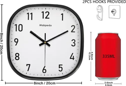 Miniatura 3 de Reloj de Pared Pequeño, 8 Pulgadas Silencioso Sin Tictac Reloj Operado por Batería, Reloj de Pared Cuadrado Analógico Decorativo para Dormitorio