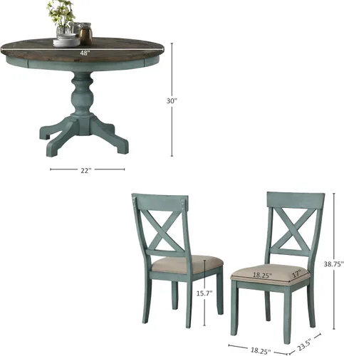 Miniatura 3 de Roundhill Furniture Prato - Juego de mesa de comedor redonda de 5 piezas con sillas de respaldo cruzado, color azul antiguo y nogal envejecido