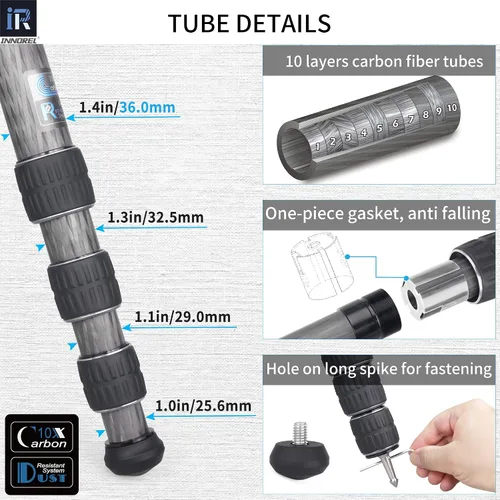 Miniatura 4 de INNOREL KT364C - Trípode compacto de fibra de carbono de 10 capas, 1.417 in, tubo grande, trípode de viaje profesional para videocámara digital Solo