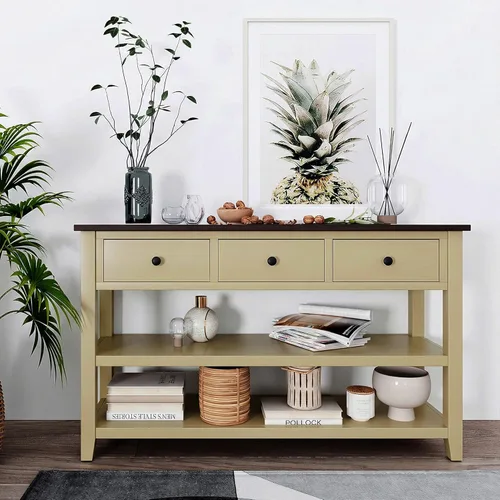 Knocbel Rustic Entryway Console Table with 3 Storage Drawers and Open Shelves, Entry Hallway Foyer Behind Sofa Couch Long Table, Easy Assembly (Tan)