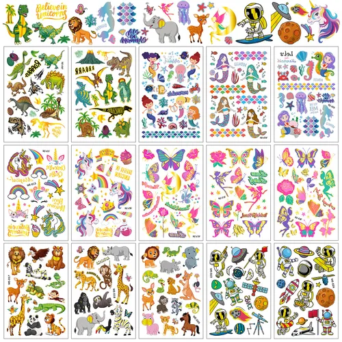 Más de 250 tatuajes temporales para niños, 15 hojas de diseños mixtos de purpurina, tatuajes falsos impermeables para niños, temática de sirena,