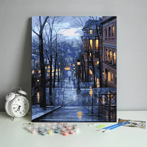 Miniatura 3 de QUITEDEW Pintura por números para adultos, pintura de ciudad por número, vista nocturna, pintura al óleo, paisaje de calle, adecuado para decoración