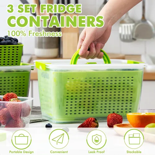 Miniatura 7 de LUXEAR Contenedores para productos para refrigerador, juego de 3 recipientes de frutas con colador extraíble, recipientes sin BPA con tapas, aptos