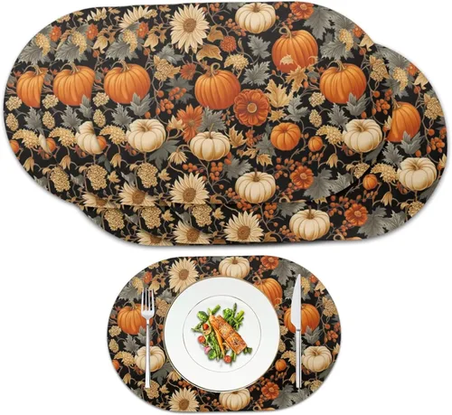 Miniatura 8 de Pumpkin Placemats Oval Placemats Set of 2 Black Cat Table Mats for Dining Tables Washable Heat Resistant Place Mats for Holiday Party Use 12X18 Inch