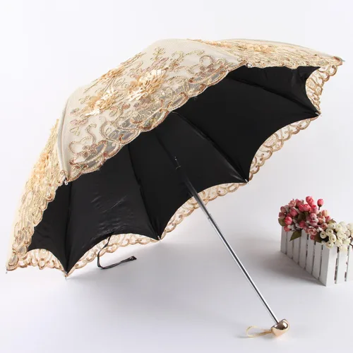 Miniatura 4 de Honeystore Sombrilla bordada con flor 3D plegable UV con encaje clásico