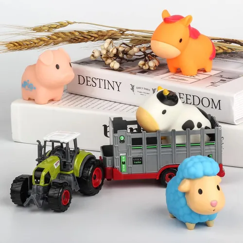 Miniatura 5 de Oriate Transportador de tractor de granja con animales de granja de dibujos animados y tapete de juego, paquete de 6 juguetes rociadores de baño
