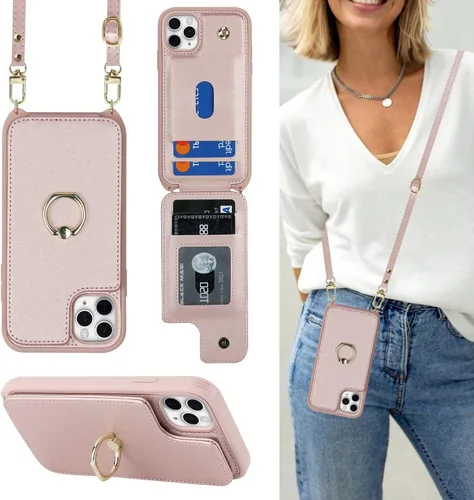 Miniatura 13 de Lipvina para iPhone 11 Pro Funda para teléfono con tarjetero y correa para mujeres, cordón cruzado, soporte de anillo con patas, cierre de presión