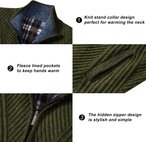 Miniatura 69 de VtuAOL Suéteres tipo cárdigan para hombre, con cremallera completa, cuello alto, cárdigan de punto casual con bolsillos