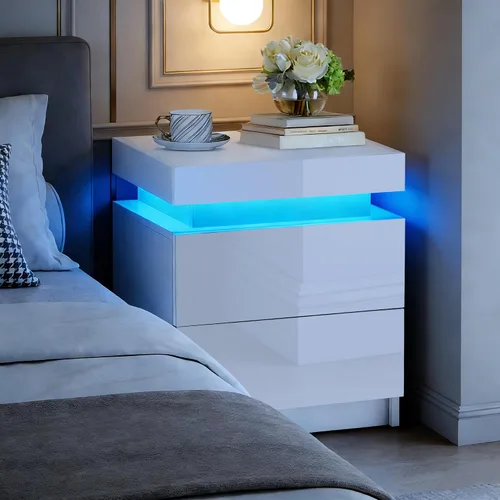 Miniatura 8 de CLIPOP Moderna mesita de noche, mesita de noche LED con 2 cajones de alto brillo, armario de mesita de noche con luz de control remoto, mesita