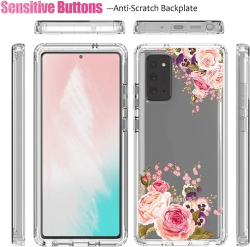 Miniatura 5 de Funda para Galaxy Note 20 5G, SM-N981U con protector de pantalla de vidrio templado, carcasa de cuerpo completo con diseño floral transparente