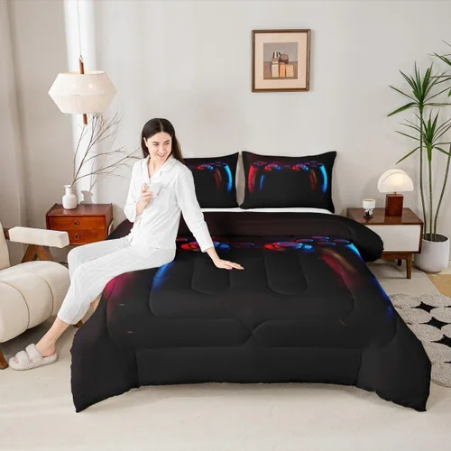 Miniatura 2 de Juego de edredón de videojuegos para niños, niñas y hombres, juego de ropa de cama con estampado de consola de videojuegos negro, decoración
