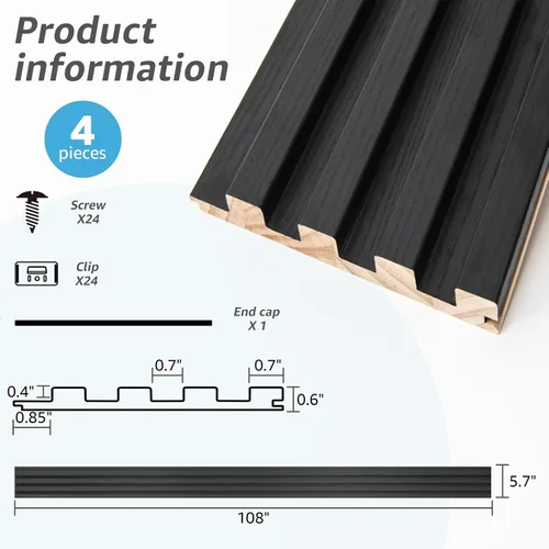 Miniatura 4 de Art3d Paneles de pared de madera de listones para decoración de interiores y techos, paquete de 4 piezas + 1 moldura final, tamaño 108 x 5.7 Negro