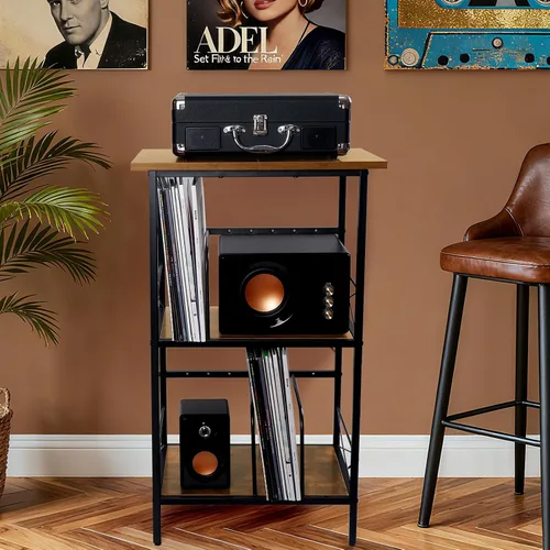 Miniatura 5 de Soporte para tocadiscos con 4 divisores ajustables, almacenamiento de discos de vinilo con capacidad para 200 LPs, mesa auxiliar de 3 capas, mesa