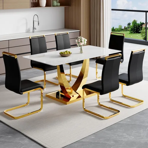 Miniatura 24 de Juego de mesa de comedor de 63 pulgadas para 4, juego de mesa de comedor dorado moderno para 4, juego de mesa de cocina de mármol sintético con negro