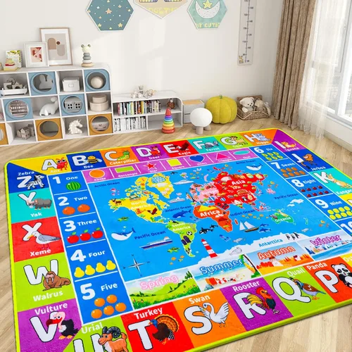 Miniatura 12 de Alfombra Infantil con Mapa Mundial ABC para Sala de Juegos Geografía 59"×39.4" Alfombra de Juego para Aula Alfombra Educativa para Bebé Alfombra