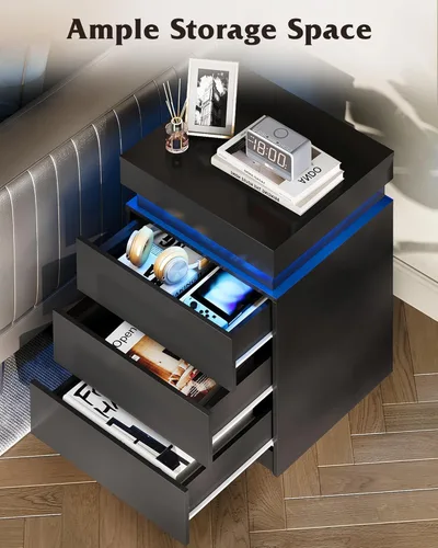Miniatura 6 de WLIVE Mesita de noche con estación de carga y luces LED, moderna mesita de noche con 3 cajones y parte superior deslizante, mesa auxiliar con Negro