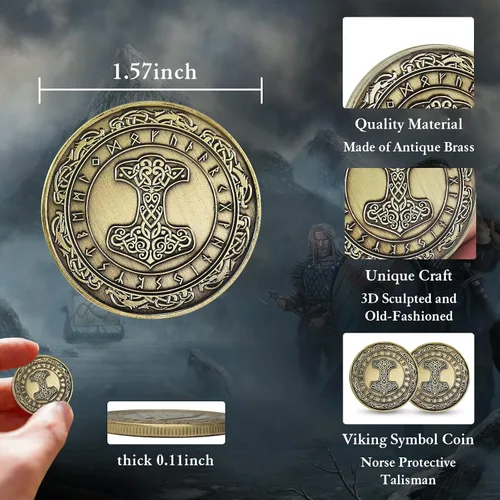 Miniatura 4 de Moneda Vikingo nórdico Mjolnir Moneda Martillo de Thor Mitología nórdica Talismán