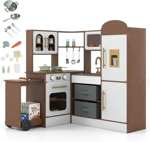 Costzon Cocina de Juego de Esquina, Pequeño Chef Cocina de Juego de Simulación con Luz y Sonido Reales, Carrito Extraíble, Contenedores de Tela,