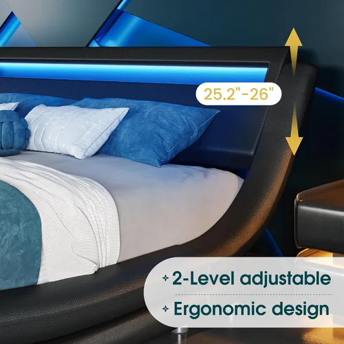 Miniatura 4 de WEEWAY Moderno marco de cama matrimonial con cabecera de luces LED RGBW, diseño de trineo tapizado de perfil bajo, soporte de listones de madera