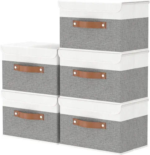 OUTBROS Caja de almacenamiento plegable grande con tapa, organizador de armario de tela de lino, contenedores para toallas, ropa, 15 x 9.8 x 9.8